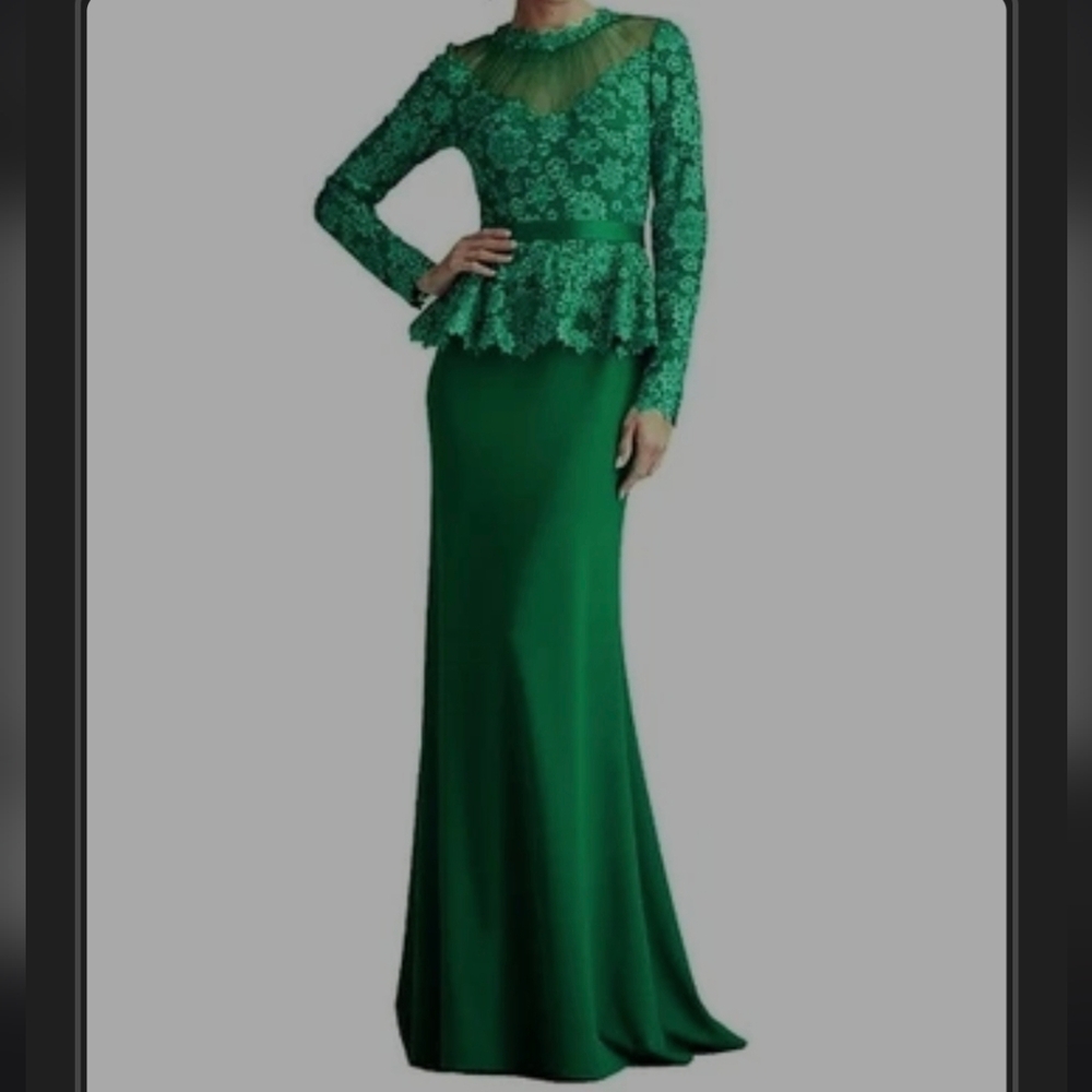 Tadashi Green Lace Peplum Evening Gown Dress Long Sleeve Maxi Wedding Bride 10